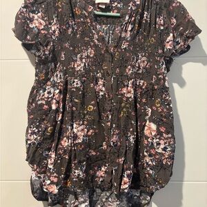 Knox Rose Brown Gray Ruched Buttoned Blouse